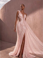 Cocoslly One Shoulder Sleeveless High Waist Long Split Prom Dress With Beading Pearls | Dusty Rose Tulle LX0088