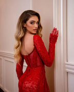 Cocoslly Square Neck Long Sleeves High Waist Long Prom Dress With Split | Red Sequins LX0105