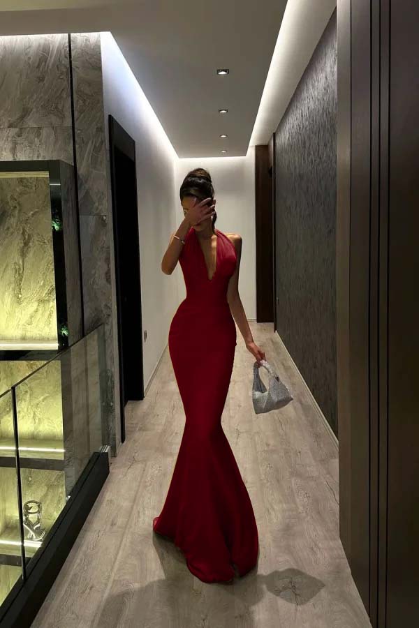 Halter V Neck Sleeveless Long Mermaid Prom Dress With Pleated YK0104