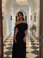 Cocoslly Off-The-Shoulder Sleeveless High Waist Long Mermaid Prom Dress | Black Satin CO0116