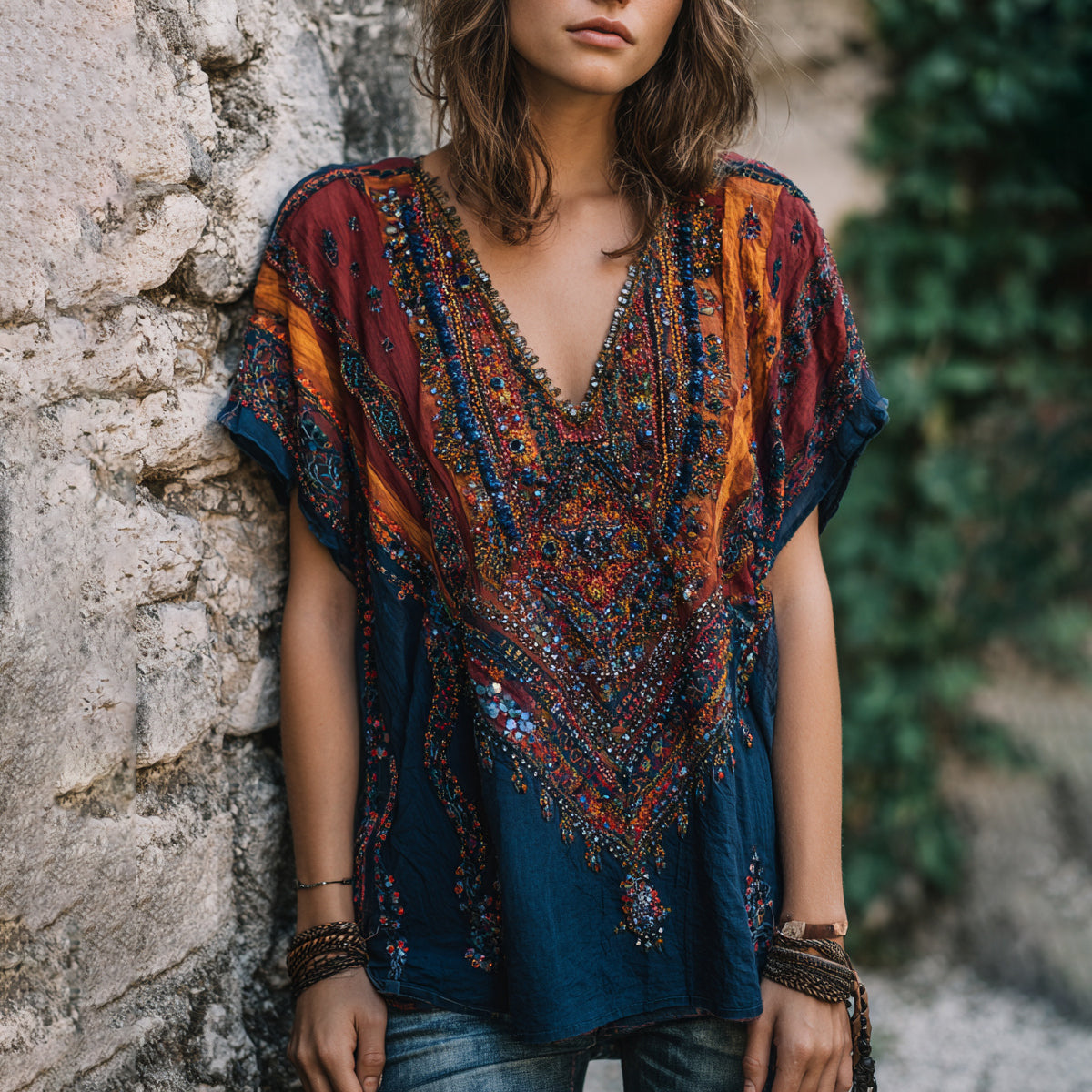 Women's Vintage Boho Nepal Ethnic Art V-neck Shirt