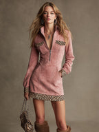 Western Retro Long-Sleeved Leopard Print Pink Faux Suede Mini Dress