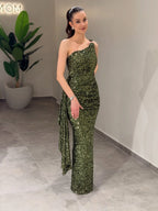 Cocoslly One Shoulder Sleeveless High Waist Long Mermaid Prom Dress With Rhinstone | Dusty Rose Sequins CO0172
