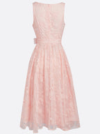 Light Pink Bow Embroidery Classic V Neck Sleeveless A-Line Midi Dress With Pockets