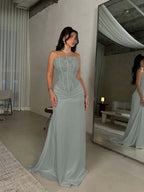 Satin Strapless Sleeveless Long Pleated Mermaid Prom Dress With Flowers And Sequins YK0636