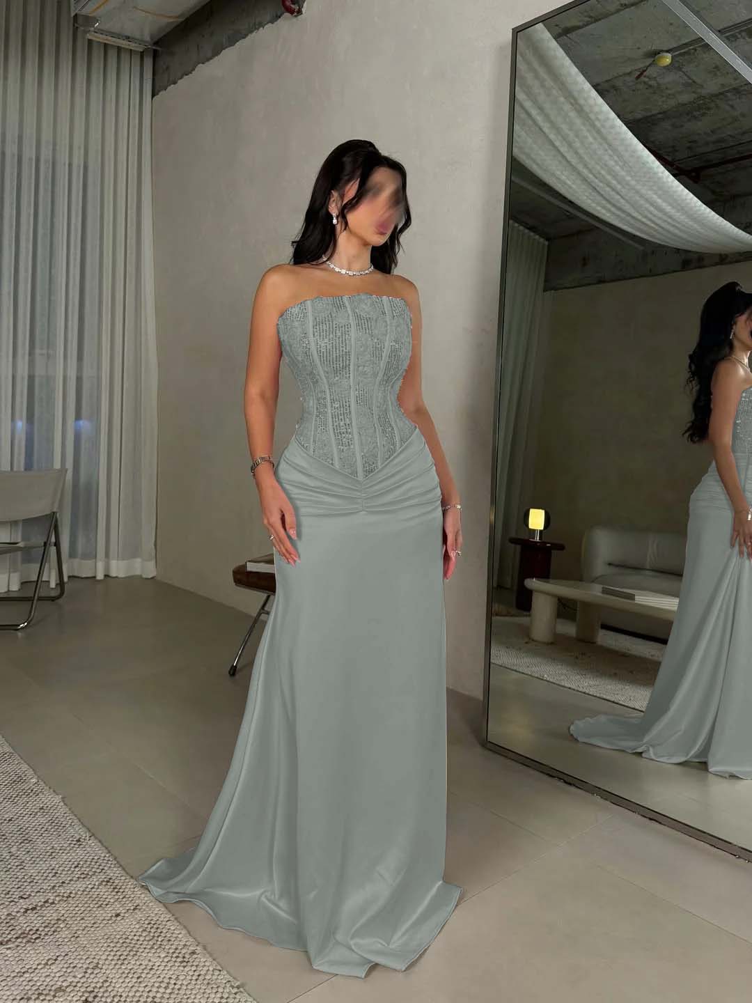 Satin Strapless Sleeveless Long Pleated Mermaid Prom Dress With Flowers And Sequins YK0636