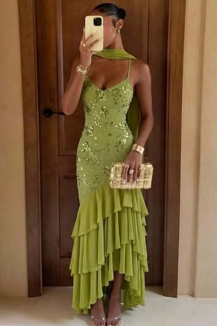 Cocoslly Spaghetti Straps Sleeveless High Waist Long Prom Dress With Ruffles And Sequins | Sage Chiffon LR0491