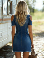 Lapel Collar Zip-up Double-pocket Off-the-shoulder Denim Mini Dress