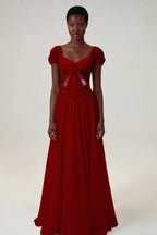 Cocoslly Short Sleeves High Waist Long Prom Dress With Rhinstone | Blushing Pink Chiffon LR0376