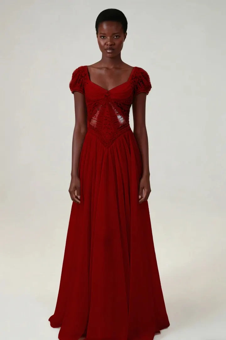 Cocoslly Short Sleeves High Waist Long Prom Dress With Rhinstone | Blushing Pink Chiffon LR0376