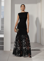 Black Lace Applique Knit Boat Neck Sleeveless A-Line Floor-length Gown Dress