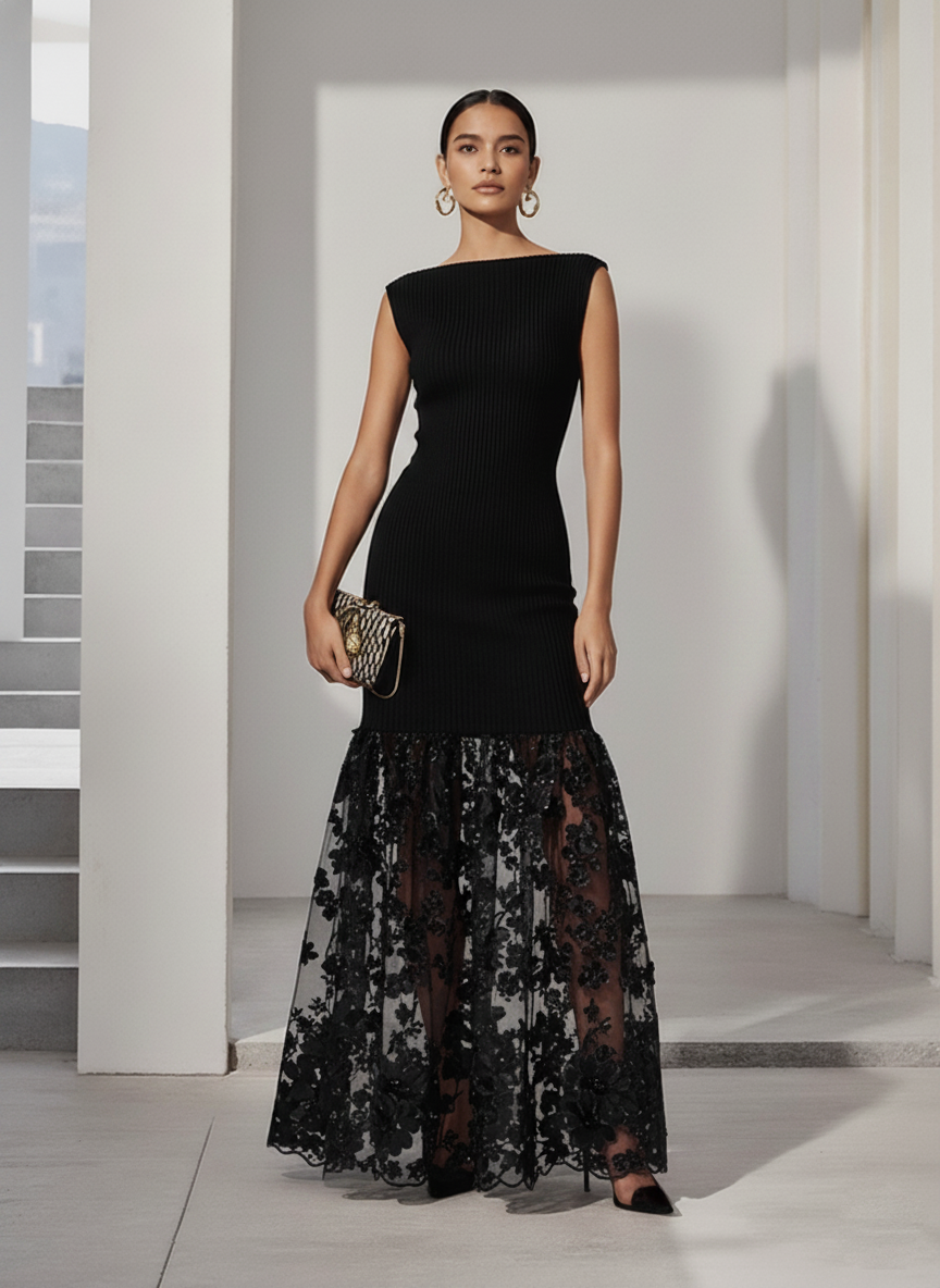 Black Lace Applique Knit Boat Neck Sleeveless A-Line Floor-length Gown Dress