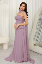 Cocoslly Strapless Sleeveless High Waist Long Prom Dress With Rhinstone And Scarf | Lilac Chiffon JZ0099