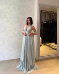 Cocoslly Halter V-Neck Sleeveless High Waist Long Prom Dress With PLeated And Cape | Mist Chiffon CO0041