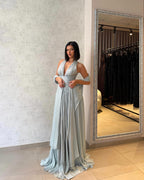 Cocoslly Halter V-Neck Sleeveless High Waist Long Prom Dress With PLeated And Cape | Mist Chiffon CO0041