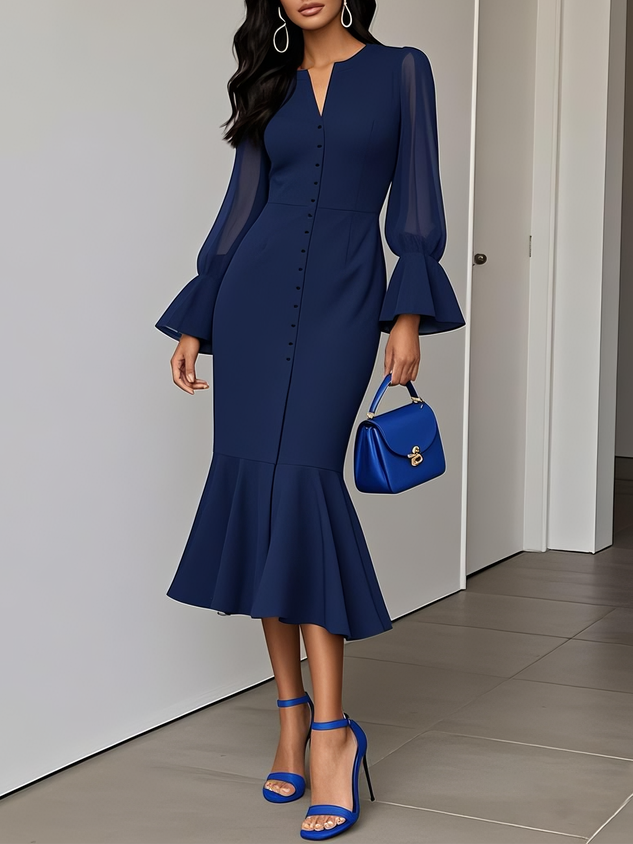 Purplish Blue Buckle Classic V Neck Long Sleeve Bell Sleeve Mermaid Midi Dress