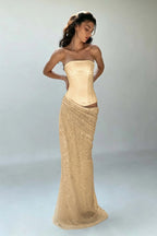 Cocoslly Strapless Sleeveless High Waist Long Mermaid Prom Dress | Creme Yellow Satin And Sequins YC0568