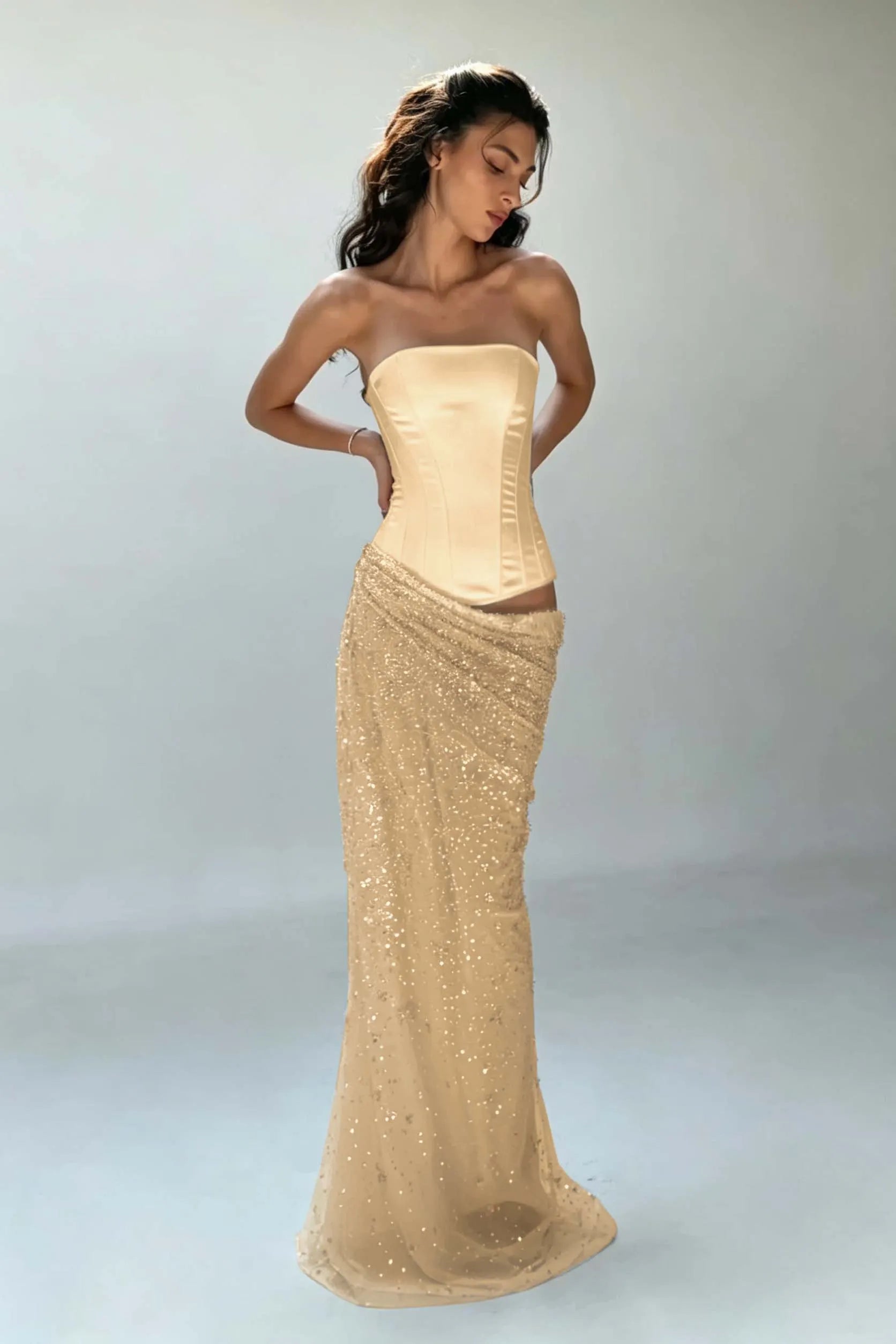 Cocoslly Strapless Sleeveless High Waist Long Mermaid Prom Dress | Creme Yellow Satin And Sequins YC0568