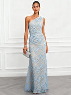 Light Blue Lace Jacquard One Shoulder Sleeveless Mermaid Floor-length Gown Dress