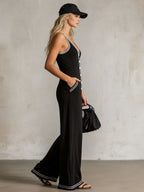 Color-blocked V-neck Button-down Double-pocket Sleeveless Jumpsuit