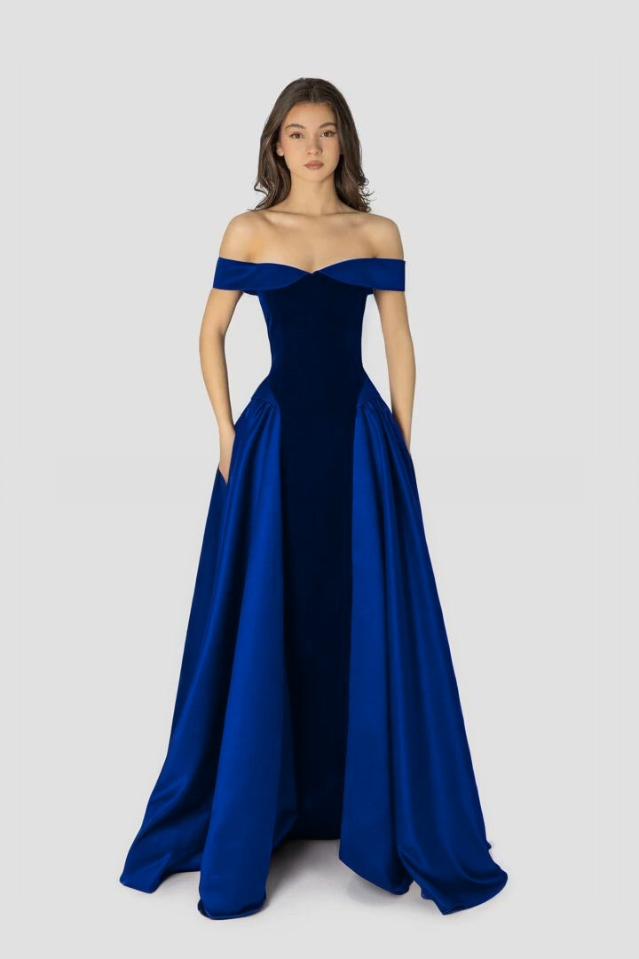 Cocoslly Off-The-Shoulder Sleeveless High Waist Long A Line Prom Dress | Regency Satin LR0426