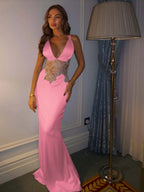 Satin Deep V-Neck Spaghetti Straps Sleeveless Long Mermaid Prom Dress With Lace YK0699