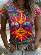 Women's Retro Hippie Sun Art Print Crew Neck Short Sleeve T-shirt