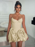 Cocoslly Strapless Sleeveless Short A-Line Pleated Prom Dress With Ruffles And Flower | Light Champage Satin ZA0278