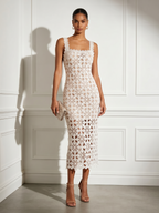 White Hollow Out Lace Square Neck Sleeveless Sheath Midi Dress