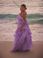 Cocoslly Halter Sleeveless High Waist Long Prom Dress With Ruffles | Lilac Chiffon LX0092