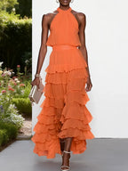 Pink Ruffle Tiered Chiffon Halter Neck Sleeveless A-Line Two-piece Set Top with Skirt
