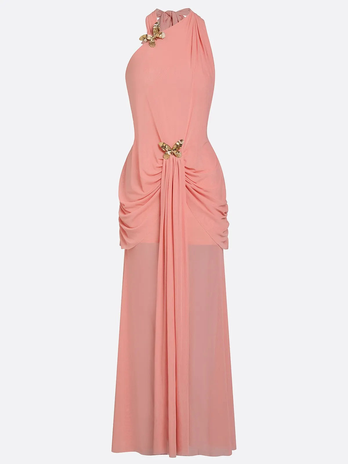 Rose Pink Metal Ruched Classic Halter Sleeveless Bodycon Floor-length Gown Dress