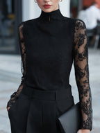 Sheer Long-Sleeve Lace High-Neck Blouse