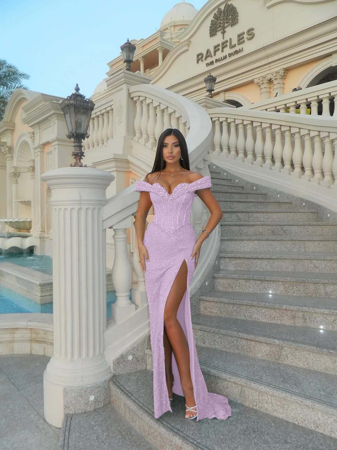 Sweetheart Off-The-Shoulder Sleeveless Long Mermaid Prom Dress With High Split And Sequins YK0714
