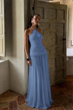 Cocoslly Halter Sleeveless High Waist Long Prom Dress With Appliques | White Chiffon YC0560
