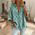 Women's Retro Plaid Art Print Casual Stand Collar Cotton Linen Shirt