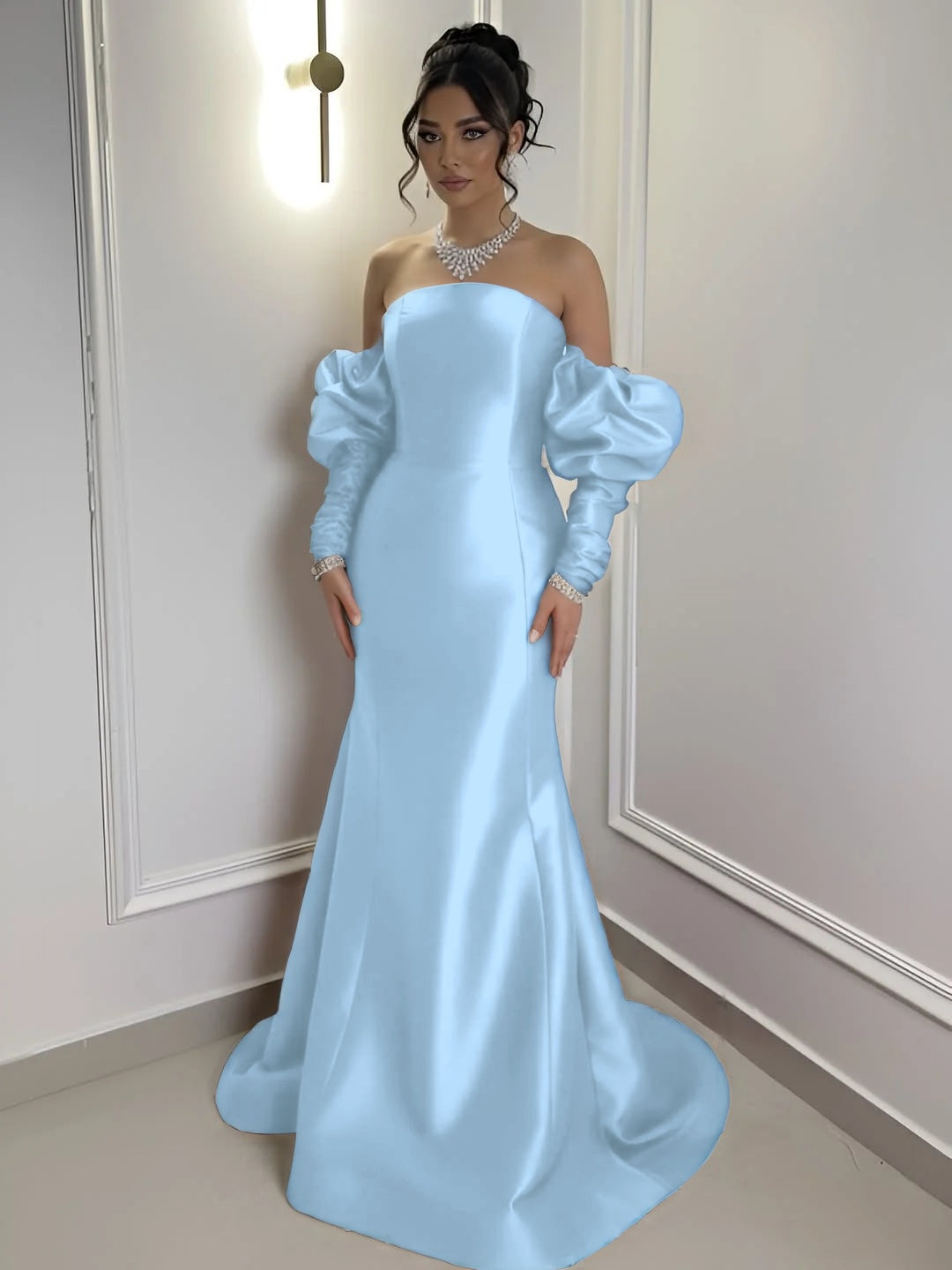 Burgundy Satin Strapless Bubble Sleeves Long Mermaid Prom Dress With Pleated YK0710