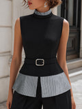 Contrast Stripe High-Neck Belted Structured Top