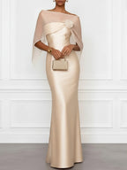 Champagne 3D Floral Satin Boat Neck Short Sleeve Sheath Gown Dress with Capelet