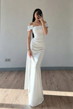 Cocoslly Off-The-Shoulder Sleeveless High Waist Long Mermaid Prom Dress | Baby Blue Satin ZT0711