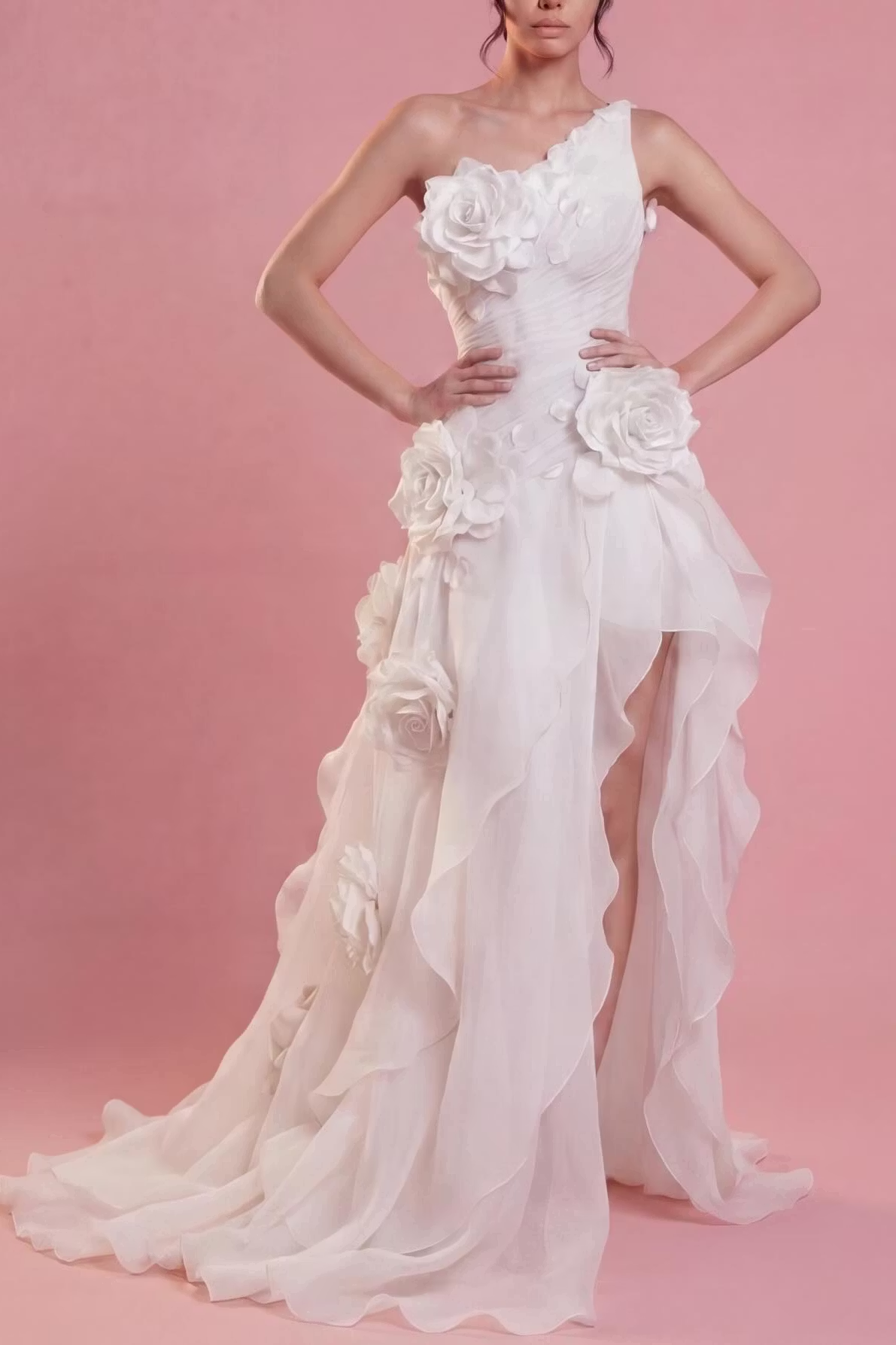 Cocoslly One Shoulder Sleeveless High Waist Long Split Prom Dress With Ruffles And Flowers | Blushing Pink Chiffon YC0489