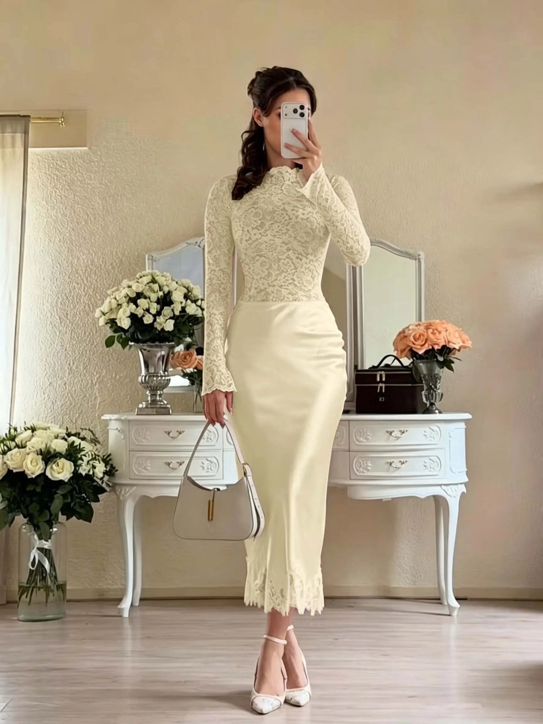 Cocoslly Long Sleeves High Waist Long Mermaid Prom Dress | White Lace And Satin JZ0165