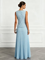 Light Blue Lace Jacquard Classic Boat Neck Sleeveless A-Line Floor-length Gown Dress