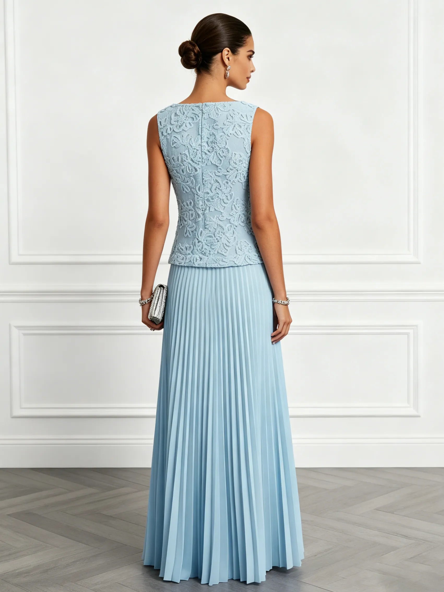 Light Blue Lace Jacquard Classic Boat Neck Sleeveless A-Line Floor-length Gown Dress