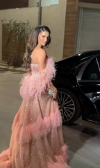 Cocoslly Strapless Sleeveless Long A-Line High Waist Prom Dress With Sequins Beadings And Feathers | Dusty Pink Tulle CO0004