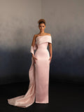 Cocoslly One Shoulder Sleeveless Long Mermaid Prom Dress With Pleated And Train | Pink Satin CO0007