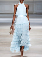 Pink Ruffle Tiered Chiffon Halter Neck Sleeveless A-Line Two-piece Set Top with Skirt