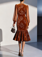 Caramel Brown Mesh Jacquard Velvet Crew Neck Long Sleeve Balloon Sleeve Mermaid Midi Dress