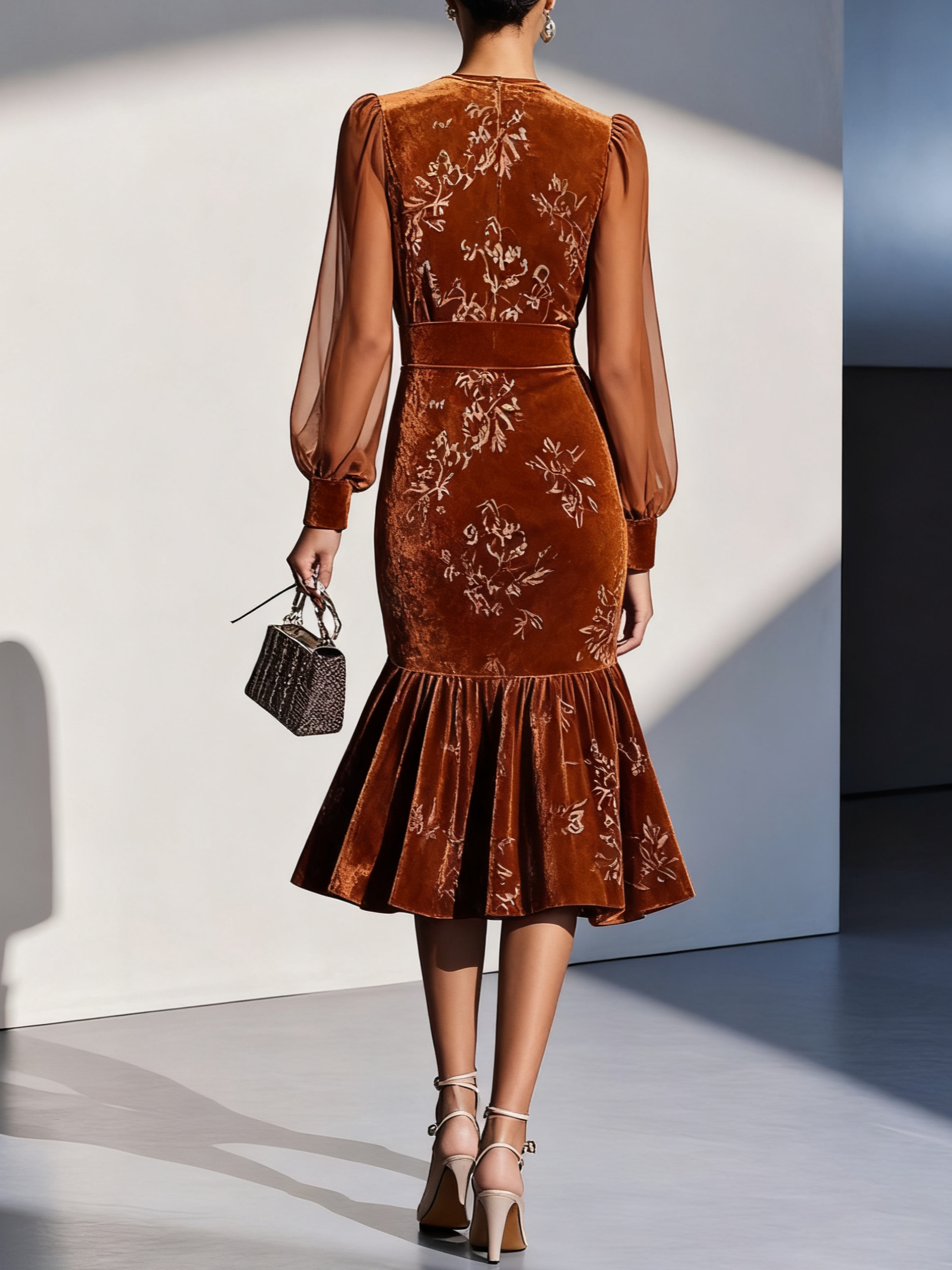 Caramel Brown Mesh Jacquard Velvet Crew Neck Long Sleeve Balloon Sleeve Mermaid Midi Dress
