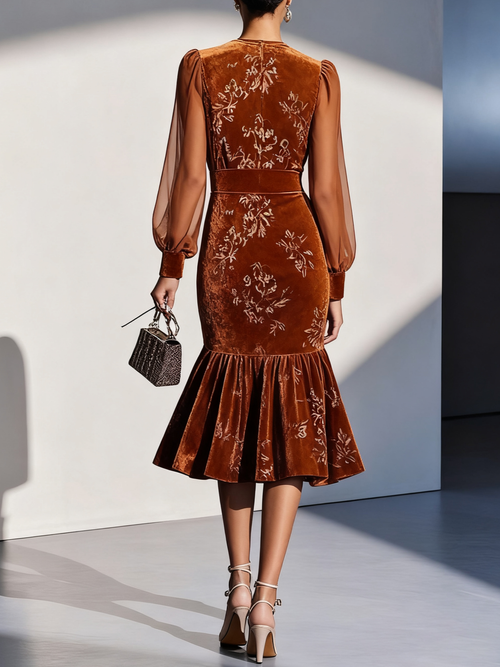 Caramel Brown Mesh Jacquard Velvet Crew Neck Long Sleeve Balloon Sleeve Mermaid Midi Dress
